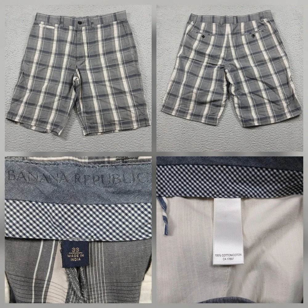 Banana Republic Plaid Shorts Mens 33 Gray White Flat‎ Front Casual